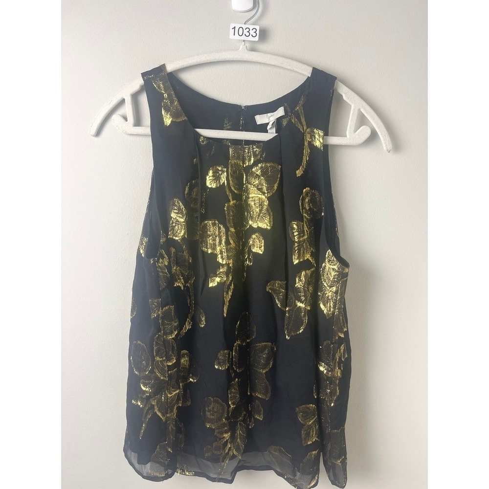 2/$30 Joie Black Gold Metallic Floral Silk Sleeveless Pleated Blouse Small